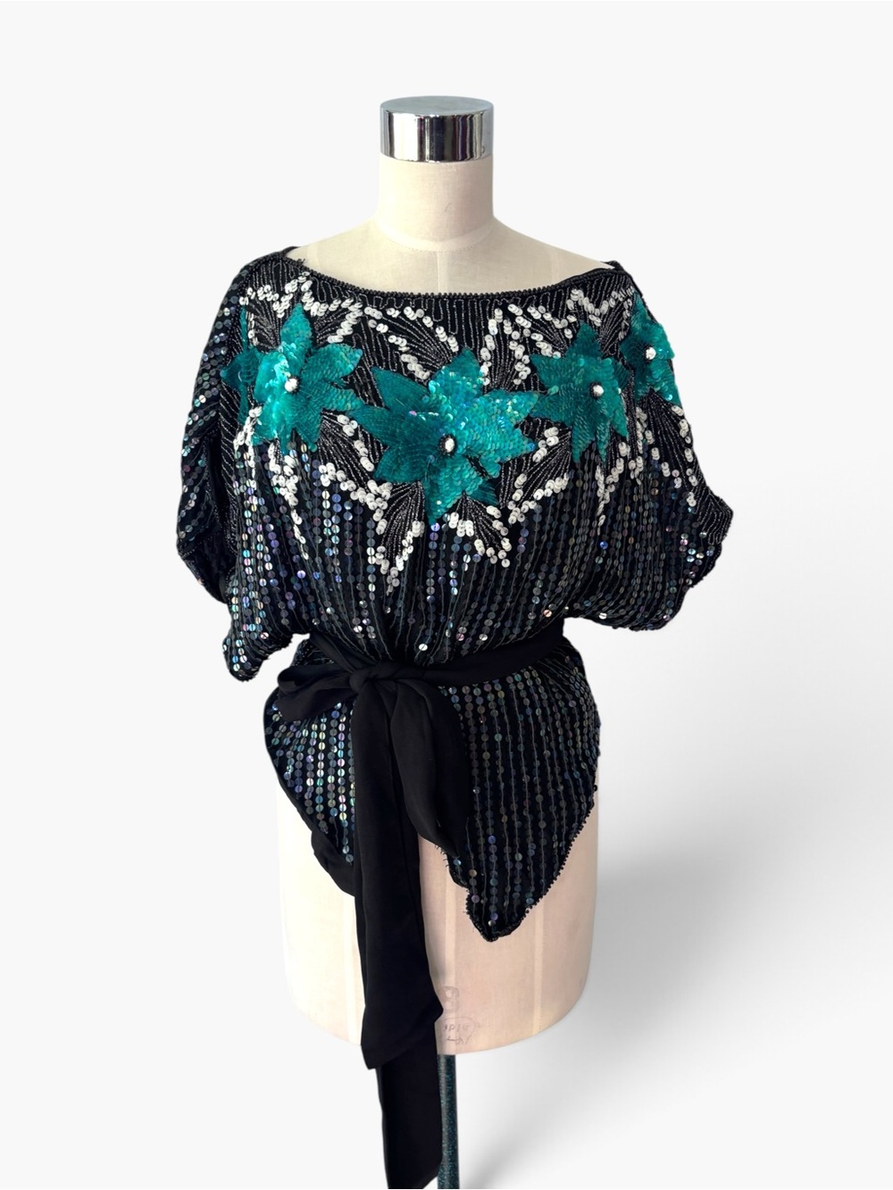 Embellished Black Sequin Top with Teal Floral Appliqué